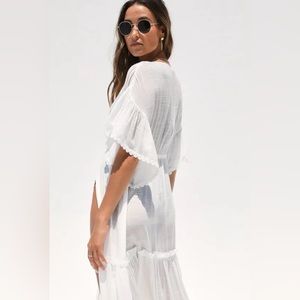 Lulu’s Sun-Kissed Season White Tiered Drawstring Maxi Swim Cover-Up